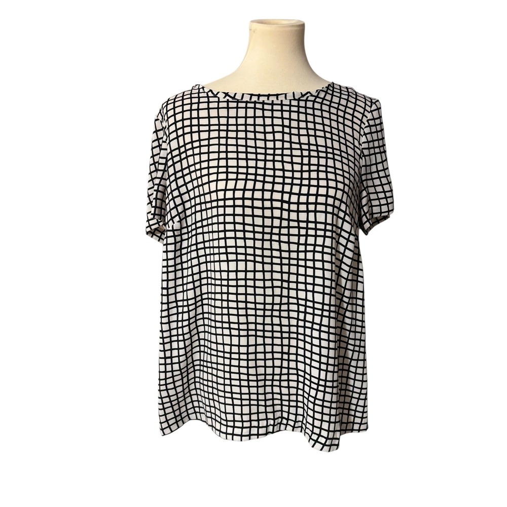 Loft‎ Black Tan Windowpane Short Sleeve Blouse. SZ Large. Office Siren. Career.